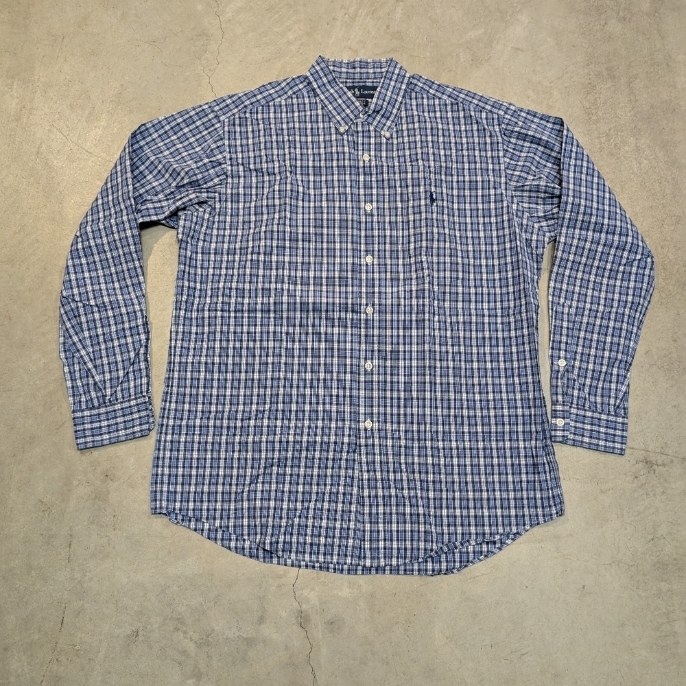 VTG Ralph Lauren Custom Fit Men's M Check Blue White Button Down Shirt